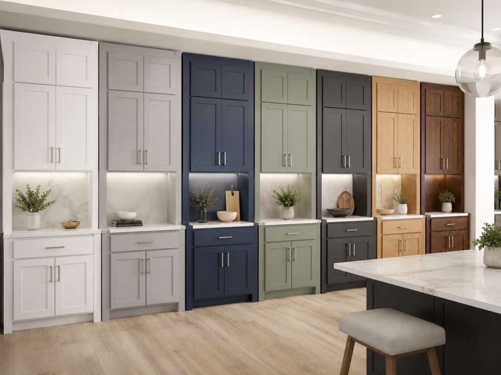 Modern kitchen showroom displaying custom cabinets in white, gray, navy, sage green, charcoal, natural oak, and walnut finishes.